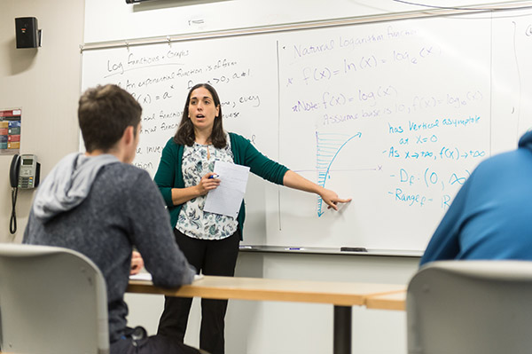 Dr. Rachel Stahl teaching class and pointing to a graph on a white board while students look on