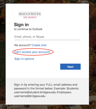 Screenshot of the BSU login screen with &quot;Can't access your account?&quot; circled