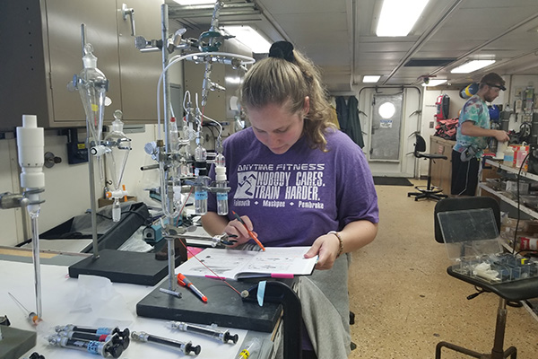 BSU students doing hot springs research inside a ship