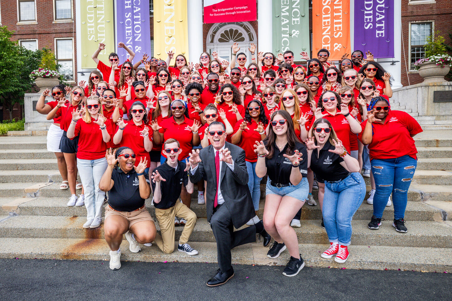 A crowd of BSU orientation leaders pose with 