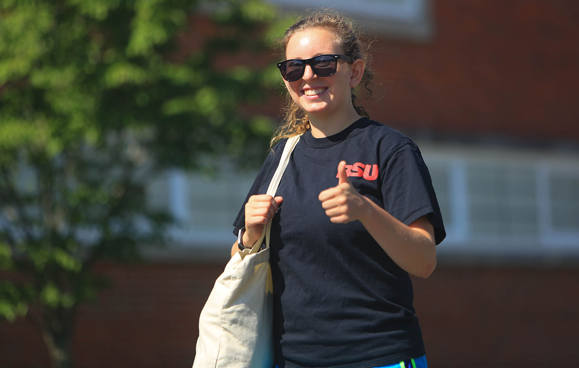 bsu-thumbs-up-cta.jpg A student wearing a BSU t-shirt and sunglasses gives a thumbs-up