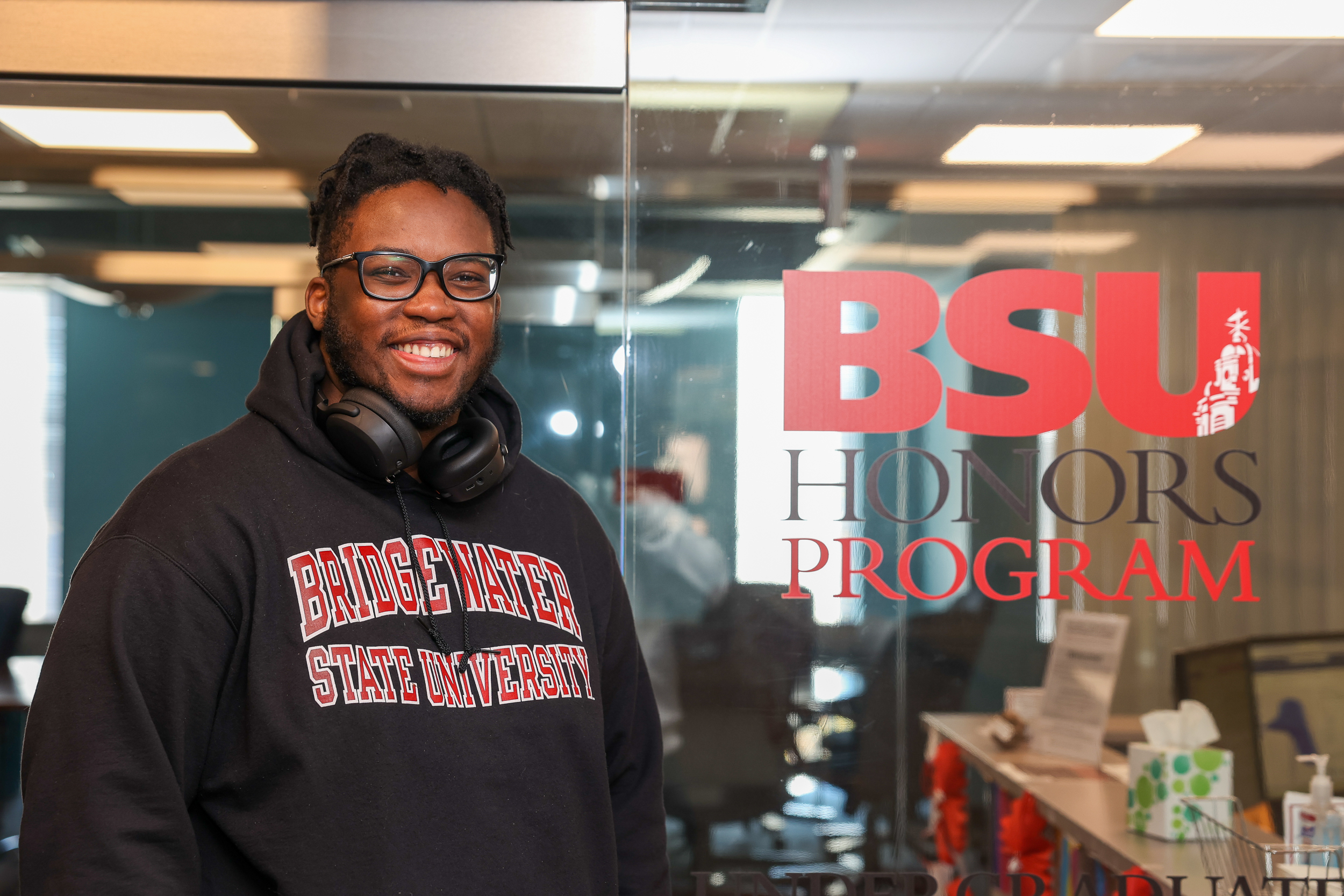 Dhareen Jean-Michel, ’28, outside BSU honors program office