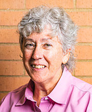 headshot photo of Linda Gabruk with short wavy gray hair wearing a pink button down shirt