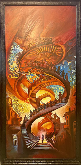 The completed painting shows staircases shaped like DNA