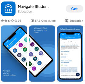 Graphic of Navigate app showing 2 cell phones, each with a different screen from the app