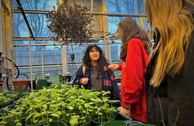 Two women talk next to a plant