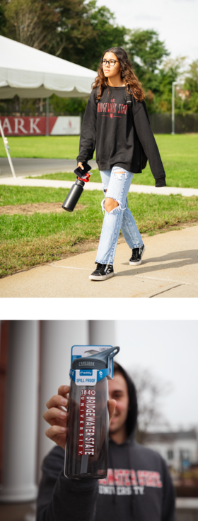 A student walking across campus, holding a water bottle; a student holds a BSU branded water bottle toward the camera