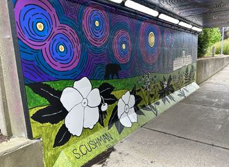 view of new mural in tunel with blue and purple flowers