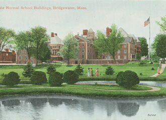 A postcard of Bridgewater State Normal School buildings, as seen from the campus pond. The building in the center is Normal Hall, erected in 1869. To the left are the old Tillinghast Hall and the old Woodward Hall.