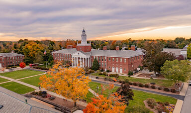 aerial view of  BSU Boyden Hall and the quad during fall foliage