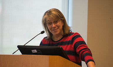 Elizabeth Englander gives a speech.