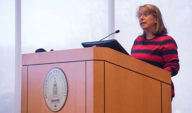 Elizabeth Englander gives a speech.