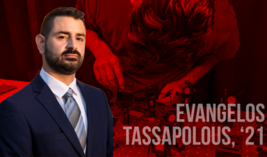 Evangelos Tassapoulous in a suit and tie with graphic of him working in lab