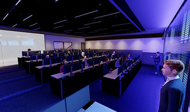 A rendering of BSU's cyber range showing two instructors in front of a large screen and students sitting at rows of computers.