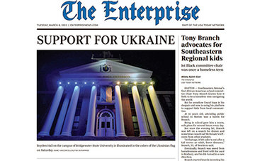 The front page of The Enterprise shows a photo of Boyden Hall with the headline "Support for Ukraine"