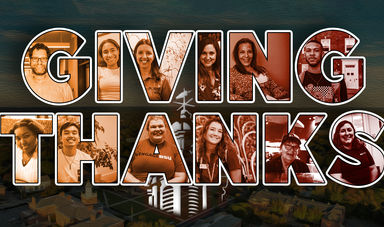 Graphic that says Giving Thanks with photos imposed into the letters