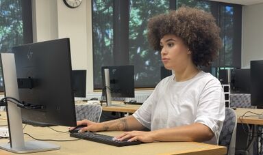 A student works at a computer in a computer lab.