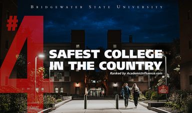 Graphic with a college campus in the background and number 4 safest college in the country overlay text