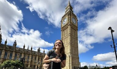 Danielle Johnson stands in front of Big Ben in London.