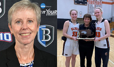 Barbara Stevens stands in front of a Bentley backdrop and Elaine Clement-Holbrook holds a trophy standing next to two of her players.