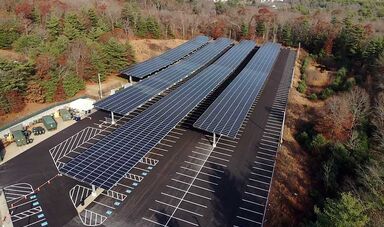 An aerial view of the solar canopy at Tower Lot