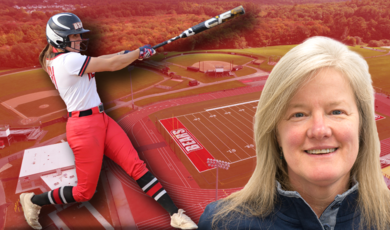 Softball player hit balls with a bat, behind is the football field and in front is photo of Leslie Sattler 