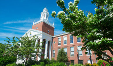 Boyden Hall surrounded by green grass and flowering trees