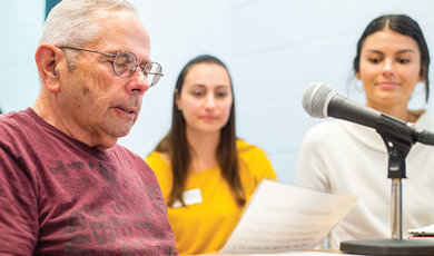 Daniel Medeiros takes part in a session of SPEAK OUT!, a program that addresses motor speech deficits associated with Parkinson’s disease, while BSU graduate students and program assistants Lauren Hayden, G’20, (left) and Rachel Lyons, ’18, G’20 look on