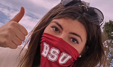 Mackenzie Rubitschung, ’21, proudly shows  her BSU spirit with her homemade face mask. 