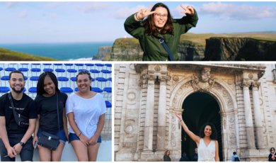 Students in posed photos studying abroad and on spring break