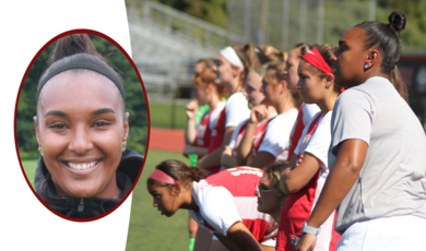 Yasmina Carvalho headshot along side image of her coaching from sideline