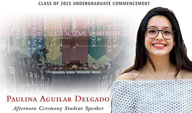 Graphic with a photo of Paulina Aguilar Delgado and text naming her the student commencement speaker.