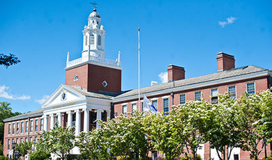 Exterior of Boyden Hall with shrubs in the foreground.