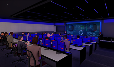 A rendering of the planned cyber range, showing users at computer desks with an instructor by monitors in the front of the room