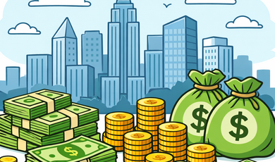 An AI generated image depicting an illustration of a city skyline with money in the foreground.