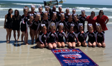 BSU Cheer Team celebrates on beach 