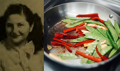 Graphic of Janice Bluestein Longone's yearbook photo next to a dish on a stove