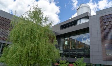 Exterior of the science and math center with an observatory dome on the top.
