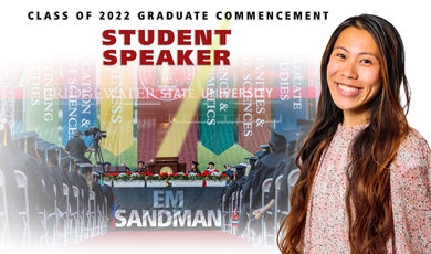 Graphic of graduate speaker Em Sandman 