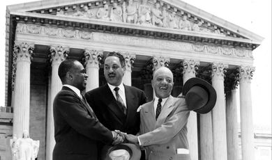 Lawyers George E.C. Hayes, Thurgood Marshall, and James M. Nabrit, Jr., celebrating outside the U.S. Supreme Court, Washington, D.C., after the Court ruled in Brown v. Board of Education that racial segregation in public schools was unconstitutional, May 17, 1954. AP Images