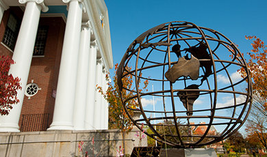 The globe sculpture in front of Boyden Hall