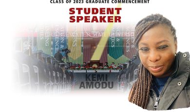 Kemi's face is in front of a graphic that reads student speaker 
