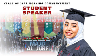 Graphic of Madj Al Jurf wearing her cap and gown 