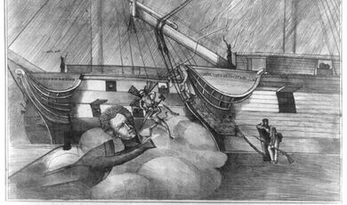 A black and white political illustration from 1834 showing a ship with the head of a statue of Andrew Jackson, with the inscription "he decapitation of a great block head by the mysterious agency of the claret coloured coat"