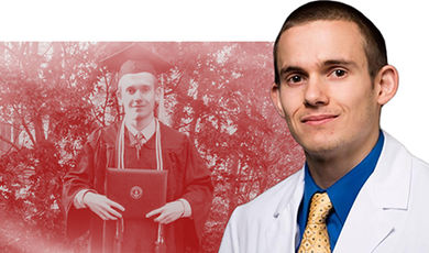 Graphic of Cory Pickering showing his BSU graduation photo and him with wearing a medical white coat