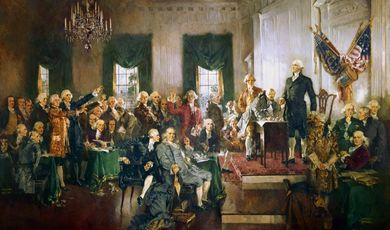 Signing of the United States Constitution with George Washington, Benjamin Franklin, and Alexander Hamilton (left to right in the foreground), painting Howard Chandler Christy