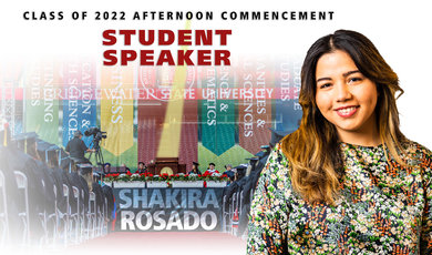 Shakira Rosado graphic in front of flags on steps of Boyden Hall