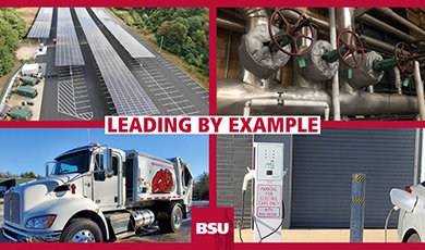A collage showing solar panels, insulation, a trash truck, an electric vehicle charging station, and the text Leading By Example