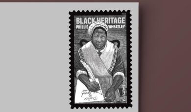 A stamp showing Phillis Wheatley is affixed to an envelope.