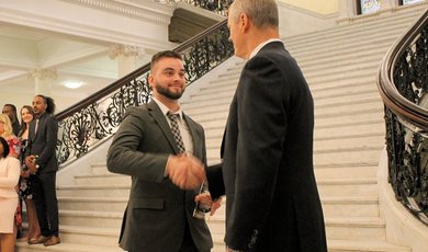 Daniel Moriarty, ’19, is recognized by Gov. Charlie Baker.